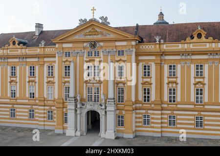 The main entrance to the magnificent Baroque Melk Abbey in the Wachau region of Lower Austria. UNESCO world cultural heritage site Stock Photo