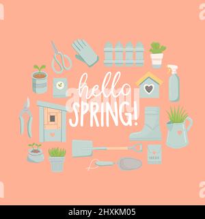 Hello spring, spring set, flat design, vector Stock Vector