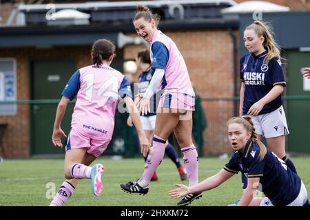 London, UK. 13th Mar, 2022. Brittany Saylor (8 Dulwich Hamlet) celebrates scoring at the London and South East Regional Womens Premier game between Millwall Lionesses and Dulwich Hamlet at St Pauls Sports Ground in London, England. Liam Asman/SPP Credit: SPP Sport Press Photo. /Alamy Live News Stock Photo