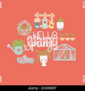 Hello spring, spring set, flat design, vector Stock Vector