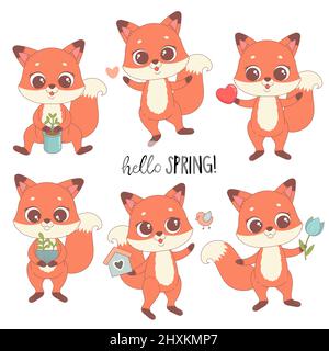 Cute fox set with spring flowers, hearts, plants Stock Vector