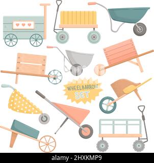 Spring set wheel barrow, wooden, flat, vector Stock Vector