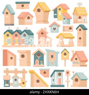 Spring set birdhouse, wooden, color, flat, vector Stock Vector