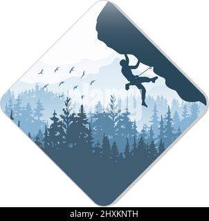 Silhouette of rock climber climbing overhang. Forest and mountains in the background, birds. Magical misty landscape, fog. Blue illustration. Badge. Stock Vector