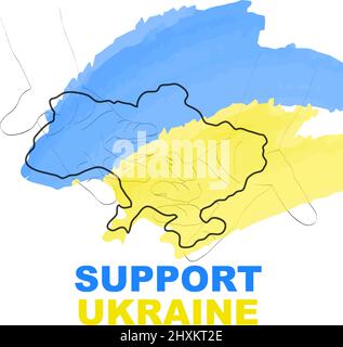 Support Ukraine. Pray for Ukraine. Ukraine flag, open hands supporting country. Praying concept. Save Ukraine from Russia. Stock Vector