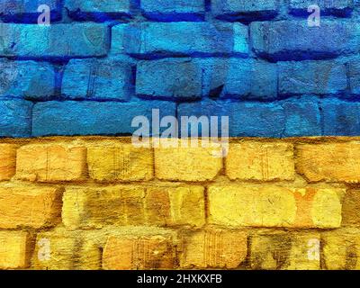 Stand with Ukraine background: Ukrainian flag painted on brick wall Stock Photo