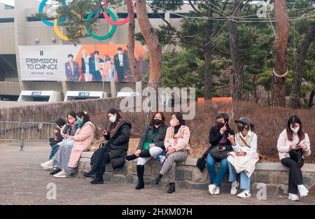 BTS Concert, March 12, 2022 : BTS fans wait in front of a venue for the 'BTS Permission to dance on stage-Seoul' concert at the Seoul Olympic Stadium in Seoul, South Korea. Credit: Lee Jae-Won/AFLO/Alamy Live News Stock Photo