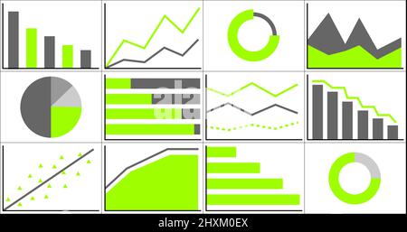 Big Infographics set. Vector Illustration of different charts and graphs in green and gray colors. Stock Vector