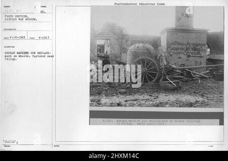 German machine gun emplacement on wheels. Captured near Tilloy. Collection of World War I Photographs, 1914-1918 that depict the military activities of British and other nation's armed forces and personnel during World War I. Stock Photo