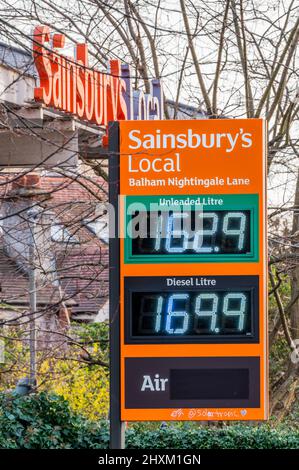 London, UK. 13th Mar, 2022. Fuel prices escalate, to 162.9 per litre for basic unleaded and nearly 170p for diesel, due to the fallout from the Ukrainian invasion by Russia - Sainsburys Local near Clapham South. Credit: Guy Bell/Alamy Live News Stock Photo