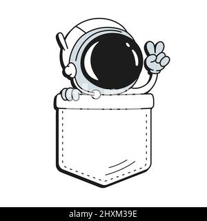 Astronaut in pocket t-shirt print.Vector cartoon doodle line style character logo illustration design.Isolated on white background. Funny vintage astronaut print for pocket t-shirt,clothing concept Stock Vector