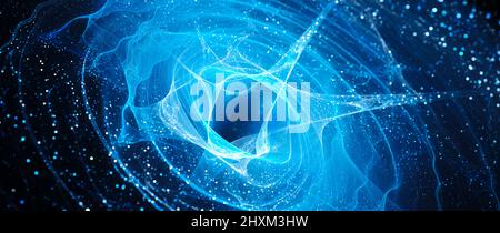 Blue glowing waves with particles in space widescreen, computer generated abstract background, 3D rendering
