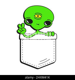 Cute funny alien in pocket t-shirt print.Vector cartoon doodle line style character logo illustration design.Isolated on white background. Funny alien print for pocket t-shirt,clothing concept Stock Vector