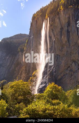 Staubbach falls waterfall in Lauterbrunnen village, Berner Oberland, Switzerland, Europe high angle view Stock Photo