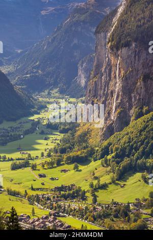Lauterbrunnen valley, village and Staubbach waterfall in Swiss Alps, Switzerland Stock Photo