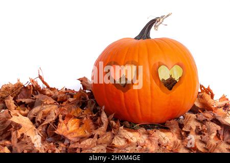 Pumpkin with two cutout love heart eyes on a bed of autumn leaves with a white background Stock Photo