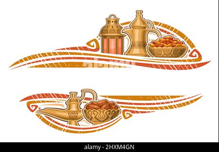 Vector border for Ramadan Iftar with copy space for wishing text, greeting card with illustration of bronze dallah, old fanoos, aladin lamp, dry date Stock Vector