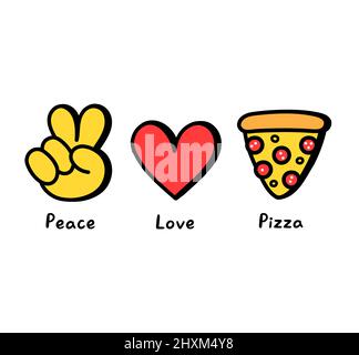 Peace,love,pizza concept print for t-shirt.Vector cartoon doodle line graphic illustration logo design.Peace sign,heart,pizza slice print for poster,t-shirt,logo concept Stock Vector