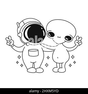 Cute human astronaut and alien show peace gesture page for coloring book. Vector doodle line cartoon kawaii character illustration. Astronaut,alien page for coloring book cartoon mascot concept Stock Vector