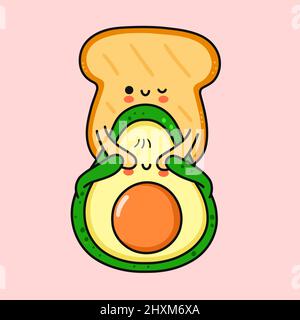 Cute funny toast make avocado surprise.Vector hand drawn cartoon doodle kawaii character illustration icon. Avocado,healthy food,toast cartoon character card concept Stock Vector