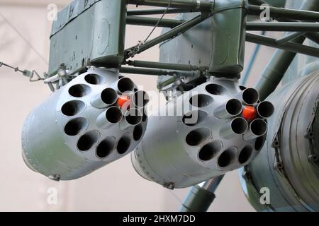 Armament of military helicopter, rocket pods on the wing Stock Photo