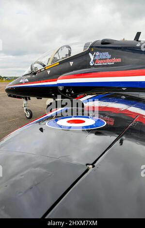 RAF solo display BAe Hawk jet plane of Juliette Fleming, solo display pilot in 2011. First female Royal Air Force solo display pilot. 70th anniversary Stock Photo