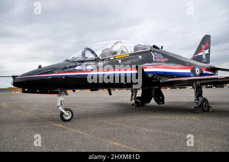 RAF solo display BAe Hawk jet plane of Juliette Fleming, solo display pilot in 2011. First female Royal Air Force solo display pilot. 70th anniversary Stock Photo