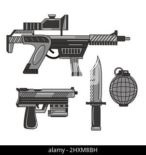 Futuristic weapon set collection. Vector cartoon flat line logo illustration. Weapon,guns,knife,grenade Stock Vector