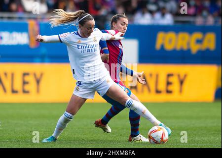 Spain. 13/03/2022, Asllani of Real Madrid and Patricia Guijarro of FC Barcelona during the UEFA Womens Champions League match between FC Barcelona and  Arsenal FC at Estadi Johan Cruyff in Sant Joan Despi, Spain. Stock Photo