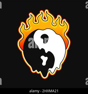 Yin Yang symbol burn in fire t-shirt print.Vector cartoon graphic illustration logo design.Yin yang melt,fire print for poster,t-shirt,logo concept Stock Vector