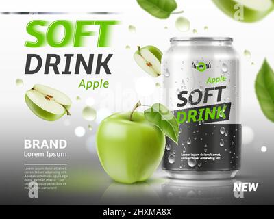 Apple soda in can banner. Realistic aluminium container with fruit sparkling water. Advertisement poster. Soft drink. Carbonated lemonade packaging Stock Vector