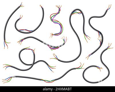 Broken wires. Realistic flexible torn cables with colored wiring. Damaged electrical connections. Different length pieces. Uninsulated current circuit Stock Vector