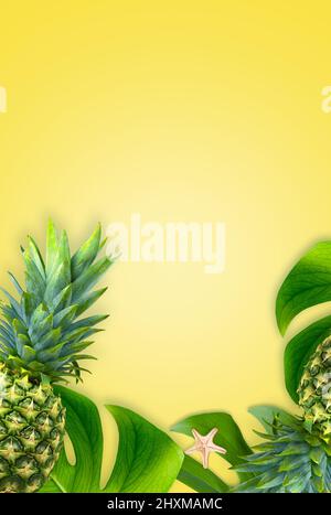 Summer background design concept. Top view of holiday travel beach with starfish, pineapple and monstera leaves on yellow background. Stock Photo