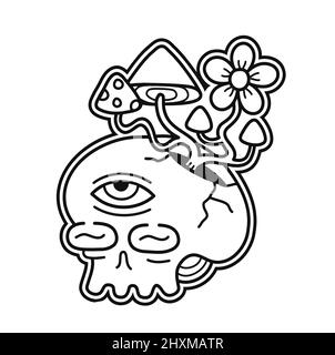 Skull with mahic mushrooms t-shirt print design.Vector line art page for coloring book.Trippy skull,magic mushrooms growing,psychedelic print for t-shirt,poster,sticker,logo concept Stock Vector