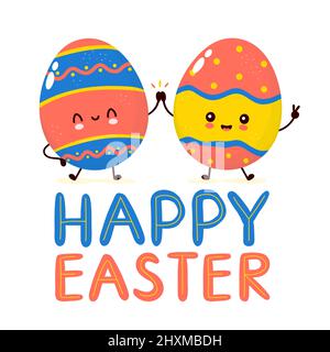 Cute happy funny easter eggs character. Happy Easter card.Vector hand drawn cartoon illustration icon design. Isolated on white background Stock Vector