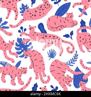 Leopards, tigers and plants seamless pattern. African wildlife and exotic predators. Tropical jungle leaves. Color doodle style print with animals and Stock Vector