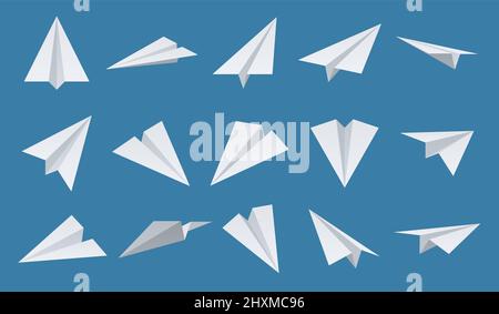 Paper plane. White aeroplanes. Different camera angles. Flying origami figure. Idea startup symbol. Airplanes flight. Aviation transportation or Stock Vector
