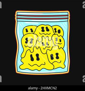 Melt smile face in plastic zip bag. Vector hand drawn doodle line cartoon illustration. Acid,psychedelic trippy face,smile emoji,drugs,lsd print for t-shirt, poster,sticker concept Stock Vector