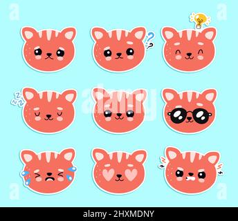 Cute happy smiling and sad cat character emoji set collection. Vector flat cartoon emoji illustration icon design. Isolated on white background. Cat, kitty emotions character concept Stock Vector