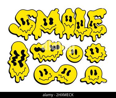 Funny melt warp smile faces,psychedelic emoji seamless pattern.Vector cool cartoon character illustration.Smile faces graphic,melt,acid,drugs,60s,70s,90s trippy seamless pattern wallpaper print art Stock Vector