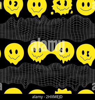 Funny crazy melt smile faces, geometry grid seamless pattern.Vector crazy cartoon character illustration.Smile techno faces melting acid,trippy,cells,techno seamless pattern wallpaper print concept Stock Vector