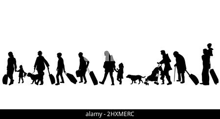Silhouette of a group of refugee on white background Stock Vector