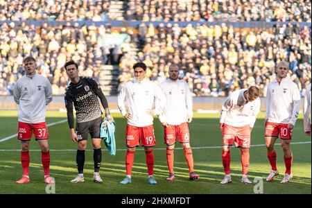 Brondby, Denmark. 13th Mar, 2022. The players of Aarhus GF line before the 3F Superliga match between Broendby IF and of Aarhus GF at Brondby Stadium. (Photo Credit: Gonzales Photo/Alamy Live News Stock Photo