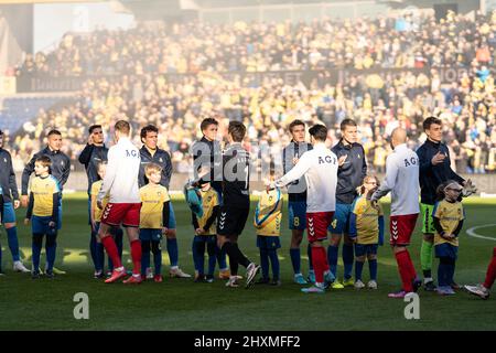 Brondby, Denmark. 13th Mar, 2022. The players from the two teams greet each other before the 3F Superliga match between Broendby IF and Aarhus GF at Brondby Stadium. (Photo Credit: Gonzales Photo/Alamy Live News Stock Photo