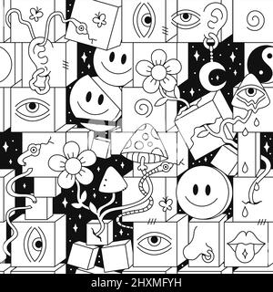Crazy trippy 60s style psychedelic geometry seamless pattern,page for coloring book.Vector crazy illustration.Smile groovy faces,techno,acid,trippy style seamless pattern wallpaper print concept Stock Vector