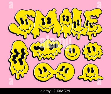 Funny melt warp smile faces,psychedelic emoji set collection.Vector cool logo cartoon character illustration.Smile faces graphic,melt,acid,drugs,60s,70s,90s trippy set bundle print art Stock Vector