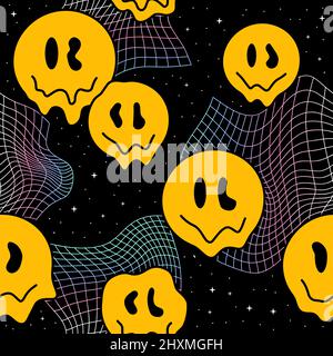 Perspective grid,space,smile face,melt psychedelic acid seamless pattern art.Vector graphic illustration.Psychedelic grid,techno,acid trippy warp smile face seamless pattern print modern background Stock Vector