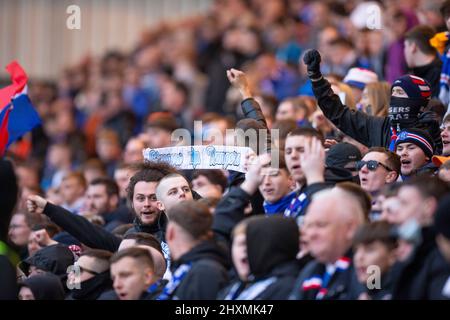 13th March 2022 ; Dens Park, Dundee, Scotland: Scottish Cup football, Dundee versus Rangers; Rangers fans Stock Photo