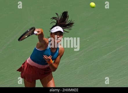 Indian Wells, California. March 13, 2022 Emma Raducanu of Great Britain serves against Petra Martic of Croatia during the 2022 BNP Paribas Open at Indian Wells Tennis Garden in Indian Wells, California. Mandatory Photo Credit: Charles Baus/CSM. Stock Photo