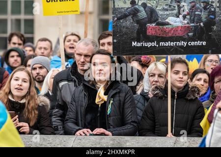 London, UK. 13th Mar, 2022. Ukrainians in the UK and others who want to show their support have again gathered opposite Downing Street in Whitehall to protest against the ongoing invasion of Ukraine by Russia. Credit: Imageplotter/Alamy Live News Stock Photo